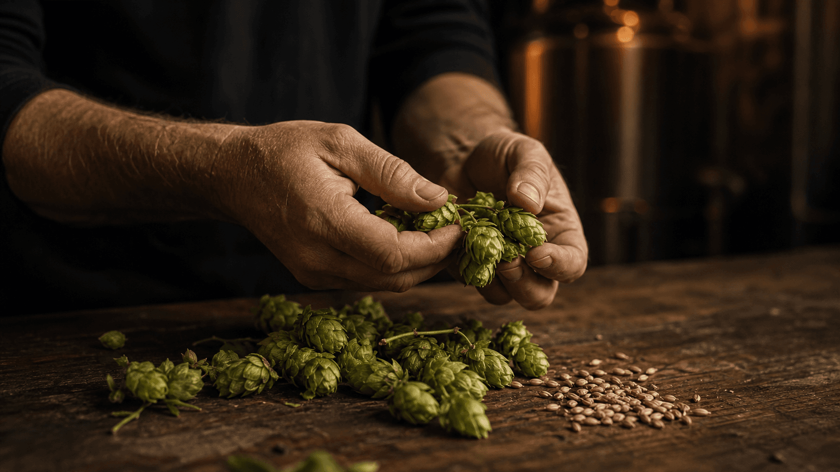Hände eines Brauers mit frischem Hopfen und Malz