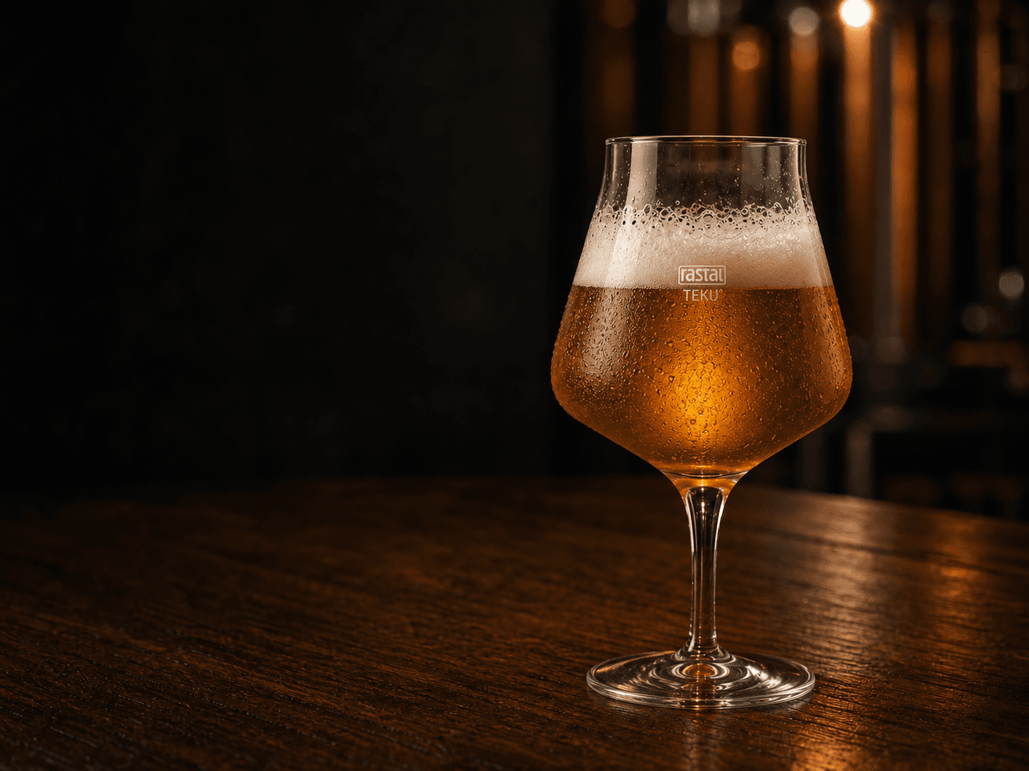 Bernsteinfarbenes Bierglas mit natürlichem Schaum